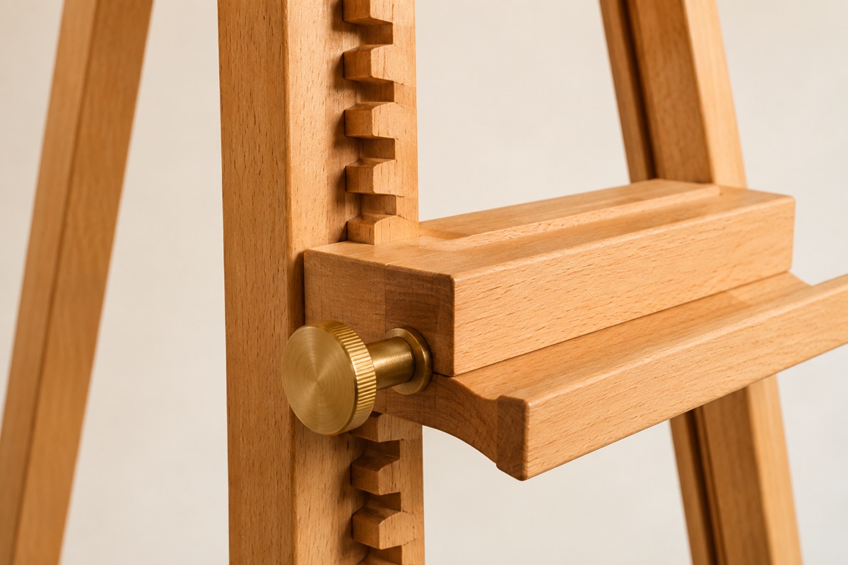 Close-up of a toothed wooden height-adjustment rack and brass locking knob on a beech wood easel