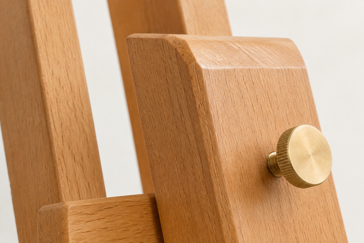 Close-up of a beech wood easel joint showing straight grain, a chamfered edge and a brass thumb screw
