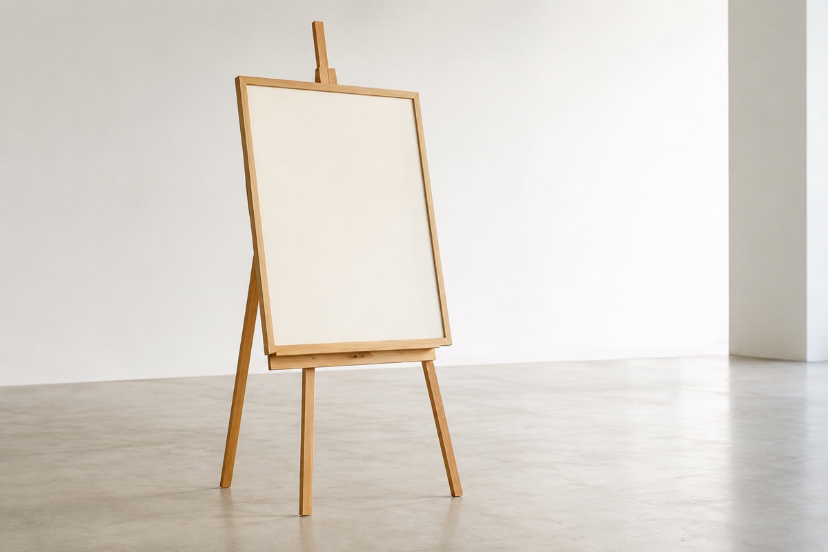 Slim wooden A-frame display easel presenting a blank framed canvas in a bright gallery