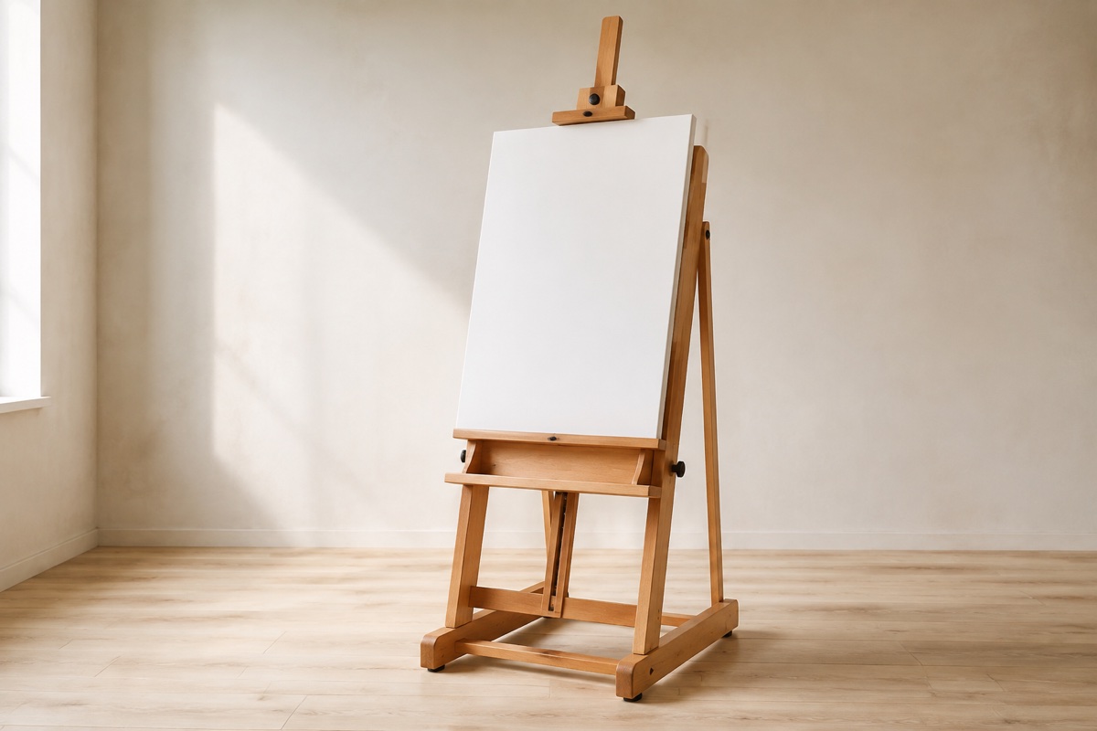 Beech wood studio floor easel holding a large blank canvas in a bright studio