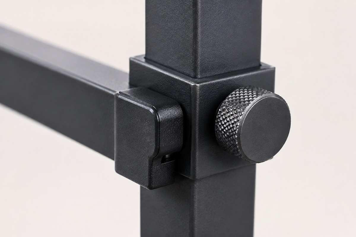 Close-up of a matte dark grey powder-coated steel easel joint with a square tube frame and knurled steel knob