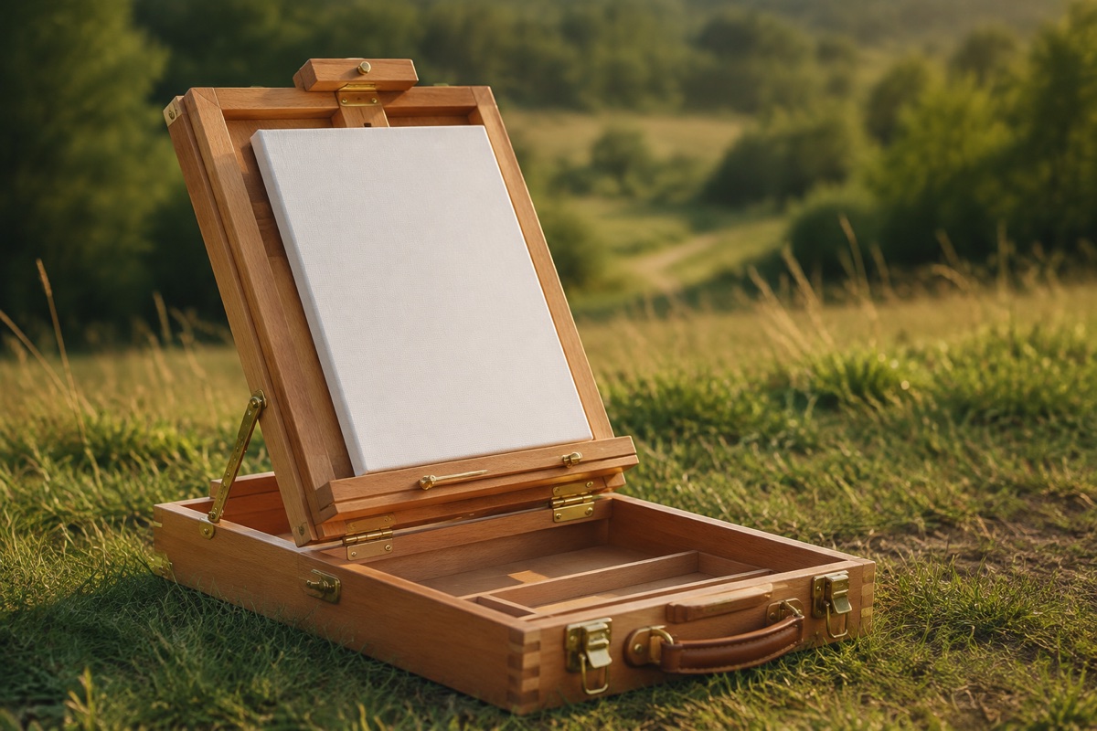 Open beech wood Italian painting box easel set up outdoors on grass, holding a small blank canvas