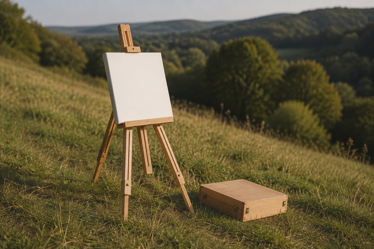 Lightweight folding beech wood tripod easel holding a small blank canvas outdoors on a grassy slope
