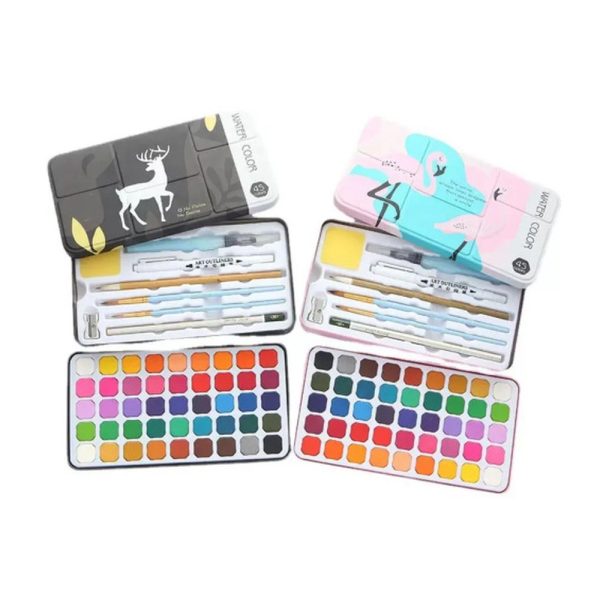 Watercolour paint pan sets in metal tins
